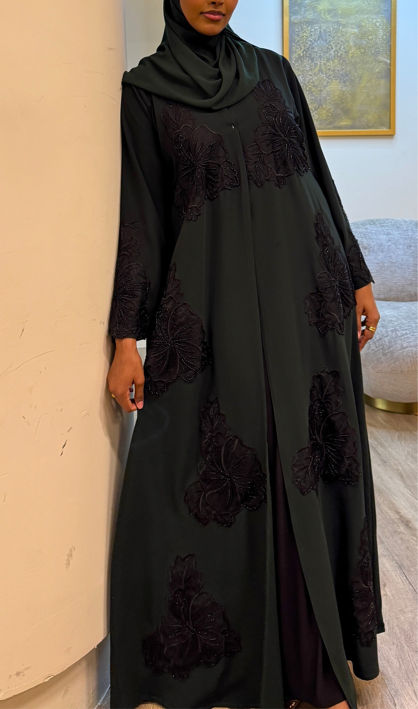 Forest Green Flowery Lace Abaya