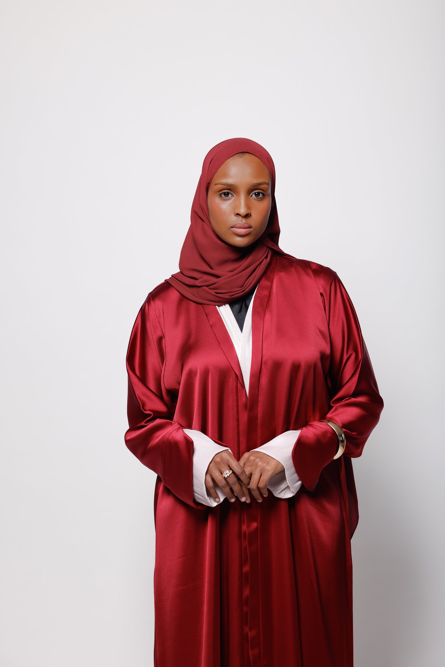 Burgundy Satin Abaya With Soft Hands Details