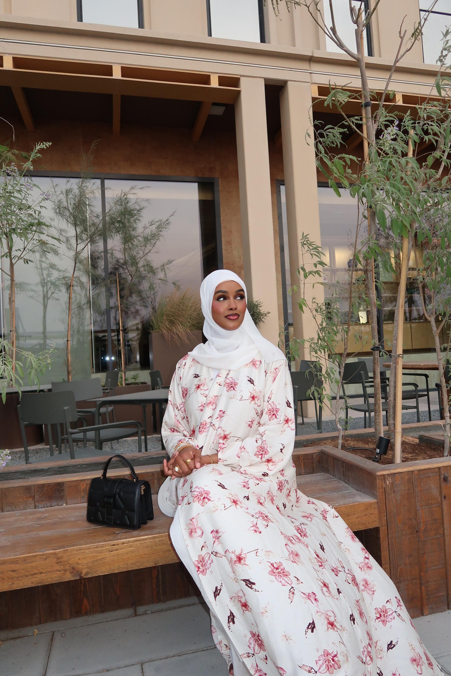 Floral Bloom Abaya| Lightweight White Abaya with Pink Floral Print