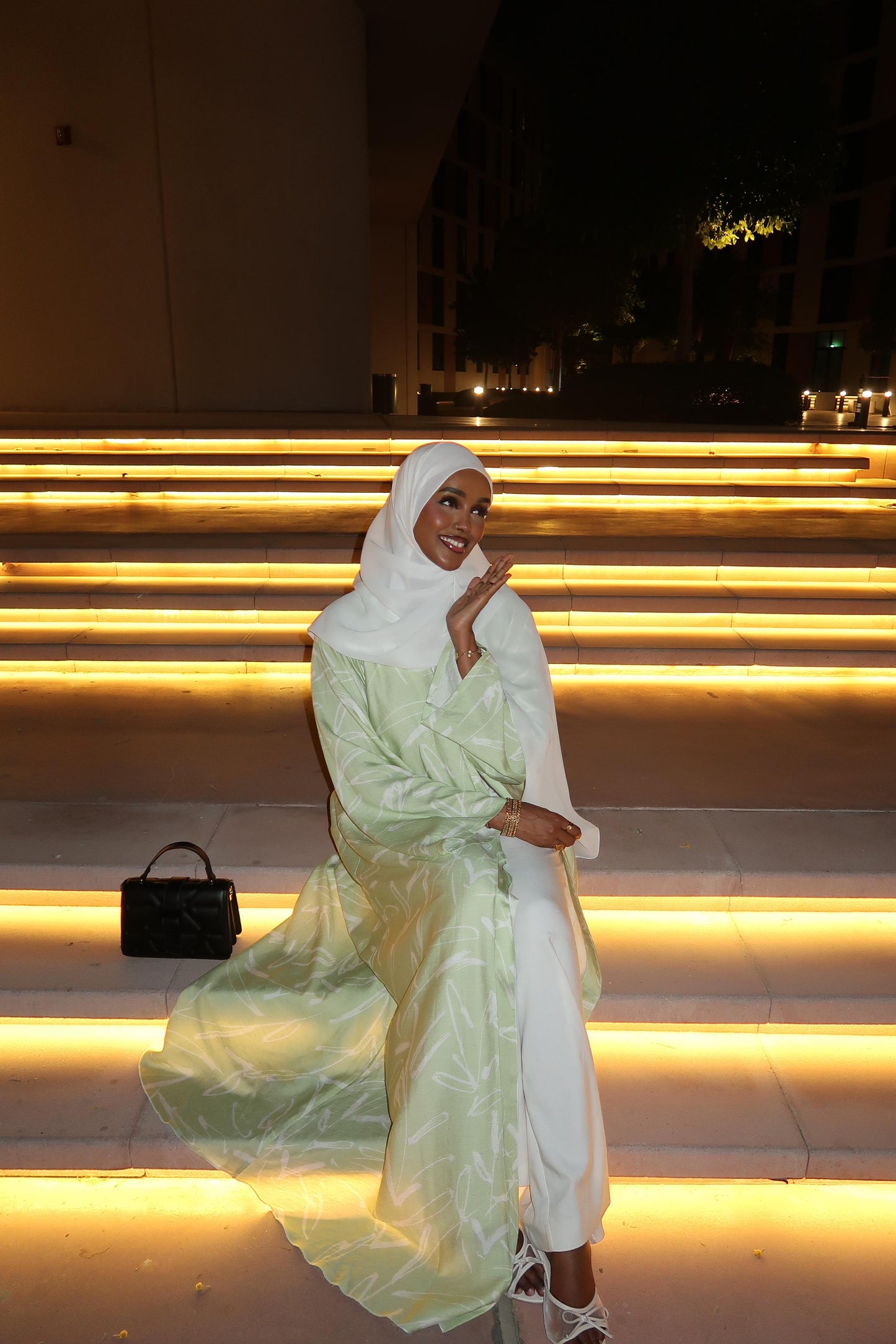 Mint Green Linen Abaya in size 60, flowy modest design, perfect for warm weather