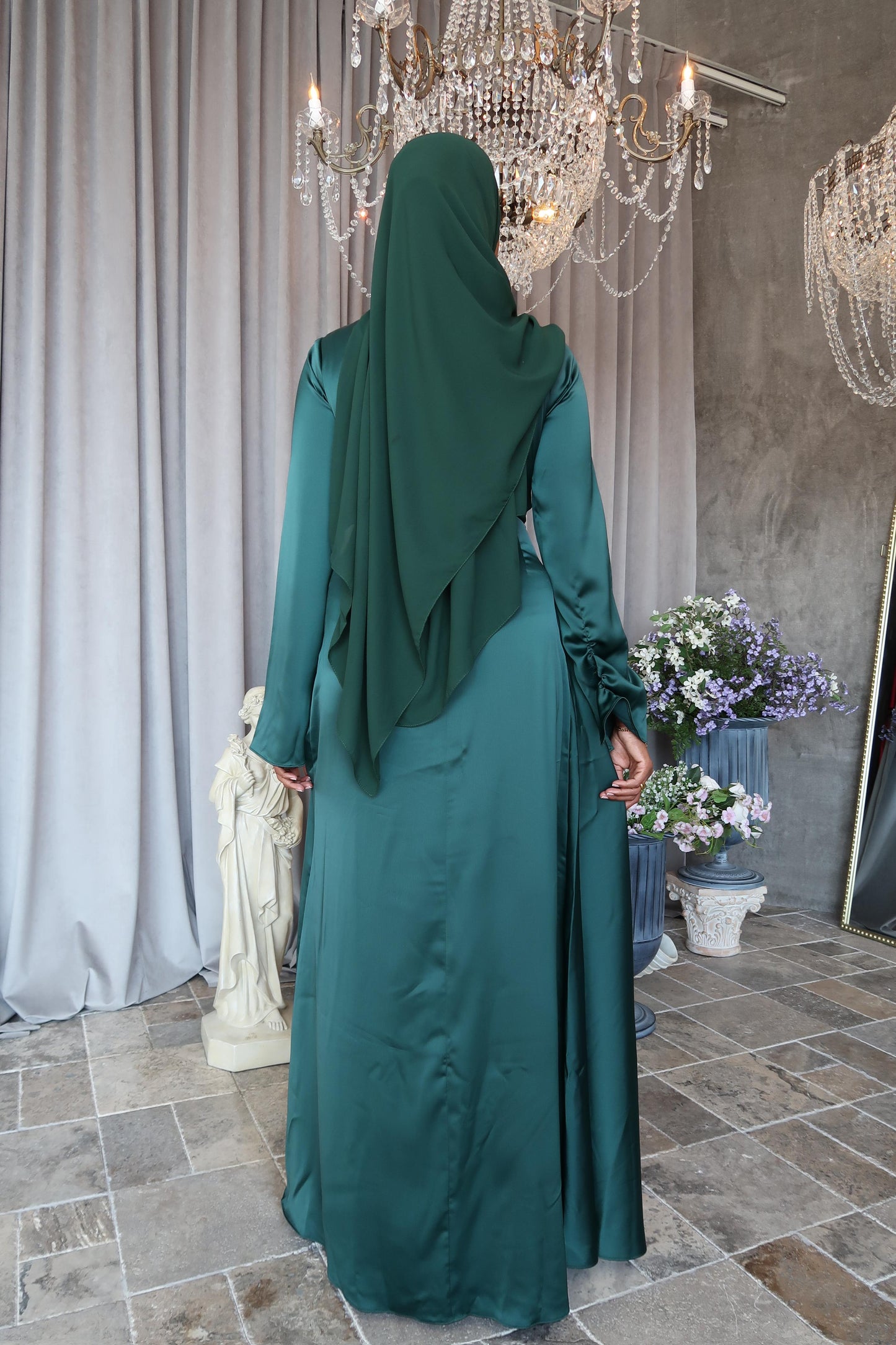 Emerald Green Satin Dress - Modest Evening Gown