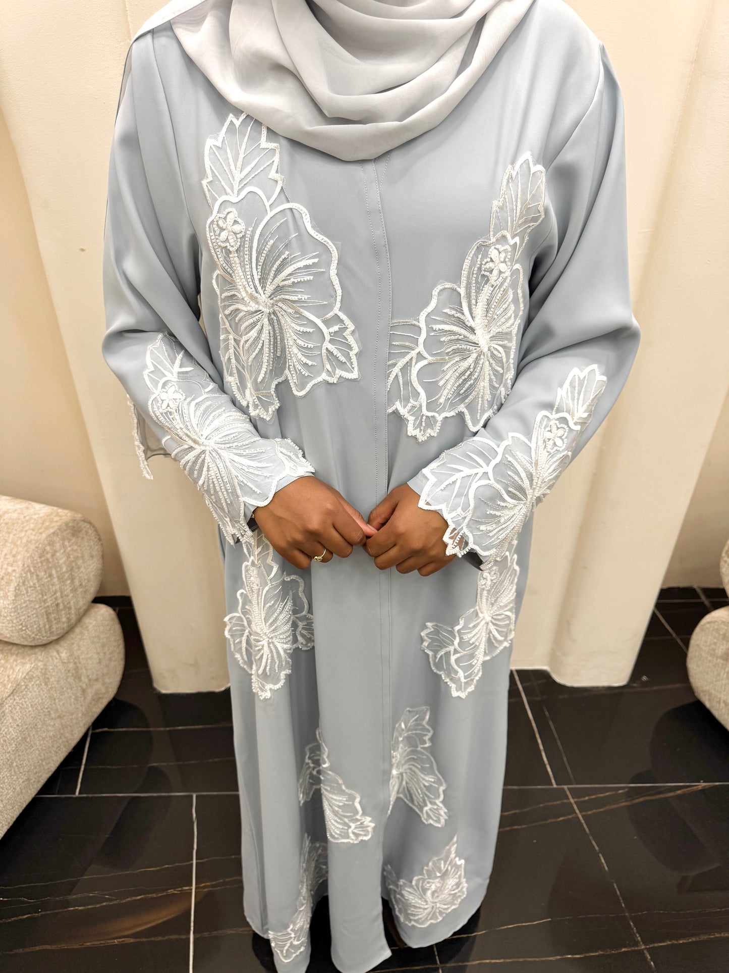 Suho Blue Flowery Lace Abaya