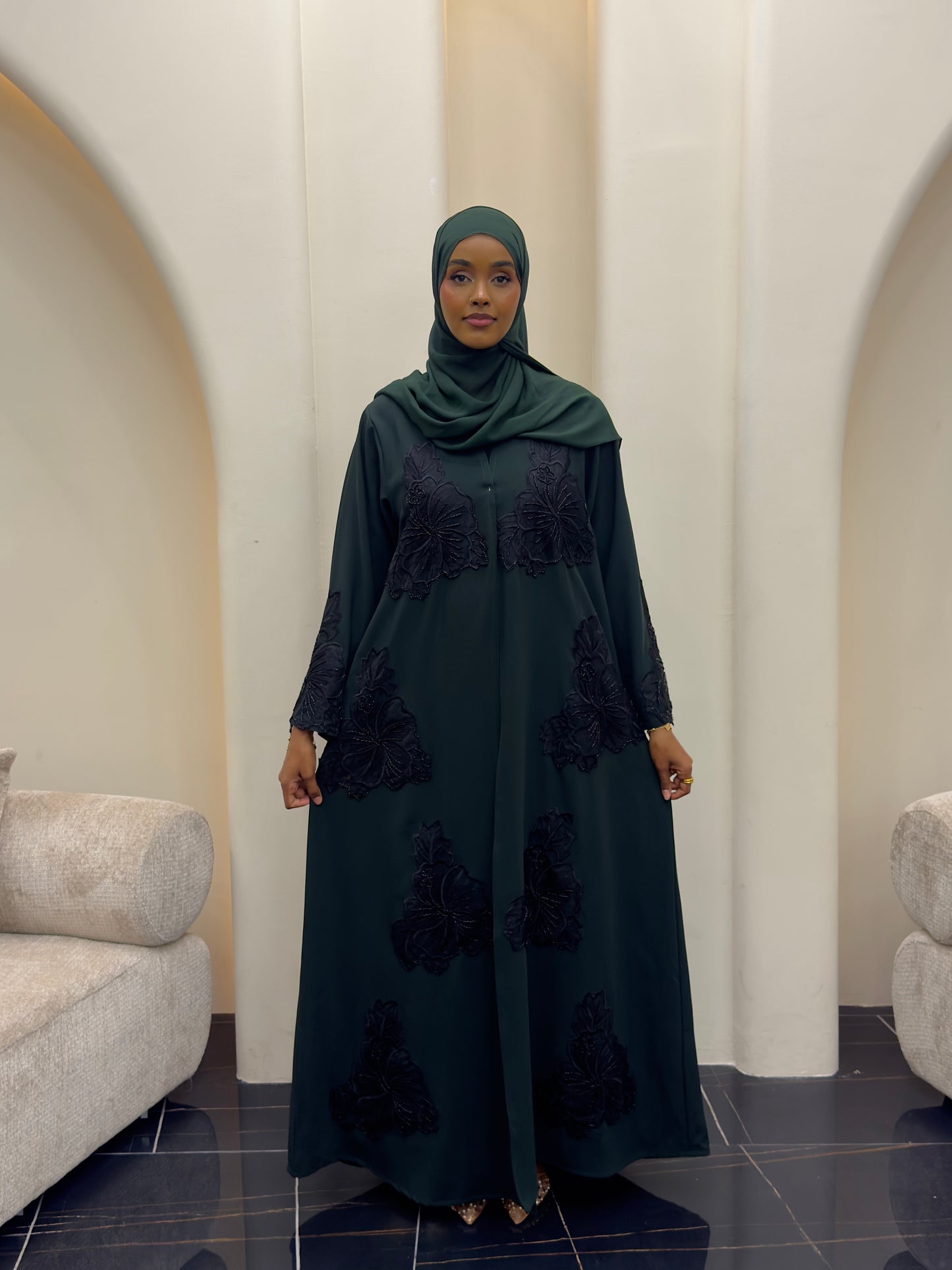 Forest Green Flowery Lace Abaya