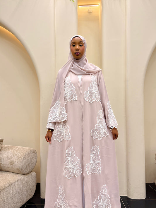 Sien Beige Flowery Lace Abaya