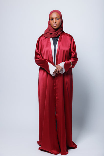 Burgundy Satin Abaya With Soft Hands Details