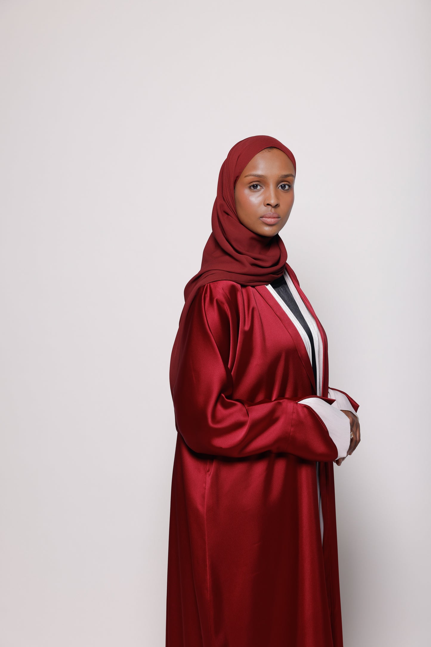 Burgundy Satin Abaya With Soft Hands Details