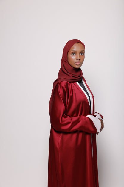Burgundy Satin Abaya With Soft Hands Details