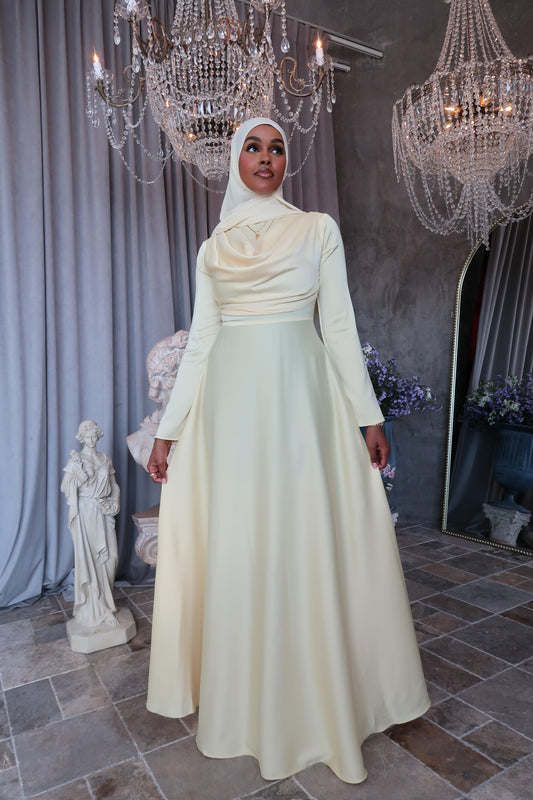 Daisy Yellow Satin Dress for Events and Weddings. Aeko Collection