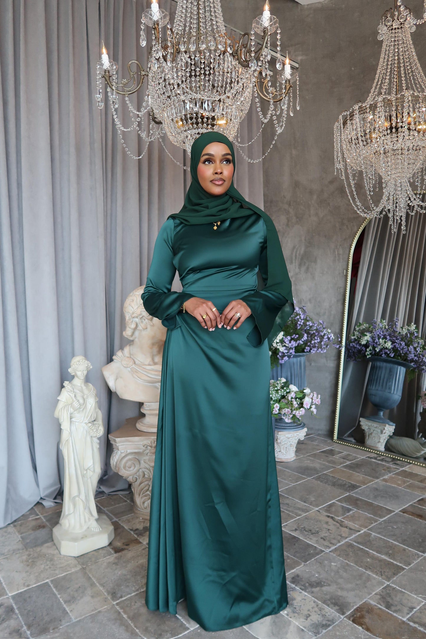 Emerald Green Satin Dress - Modest Evening Gown Aeko Collection Emerald Green Satin Dress - Modest Evening Gown Aeko Collection