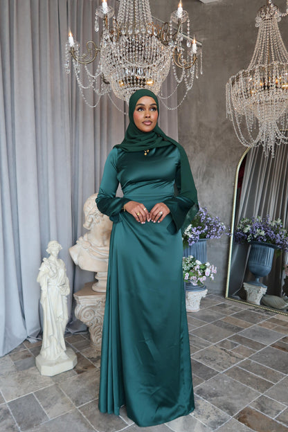 Emerald Green Satin Dress - Modest Evening Gown Aeko Collection Emerald Green Satin Dress - Modest Evening Gown Aeko Collection