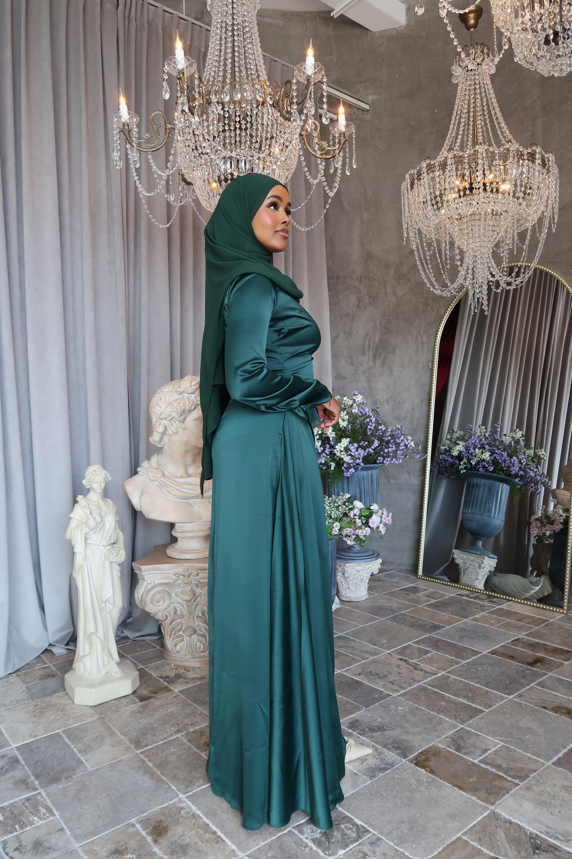 Emerald Green Satin Dress - Modest Evening Gown Aeko Collection Emerald Green Satin Dress - Modest Evening Gown Aeko Collection