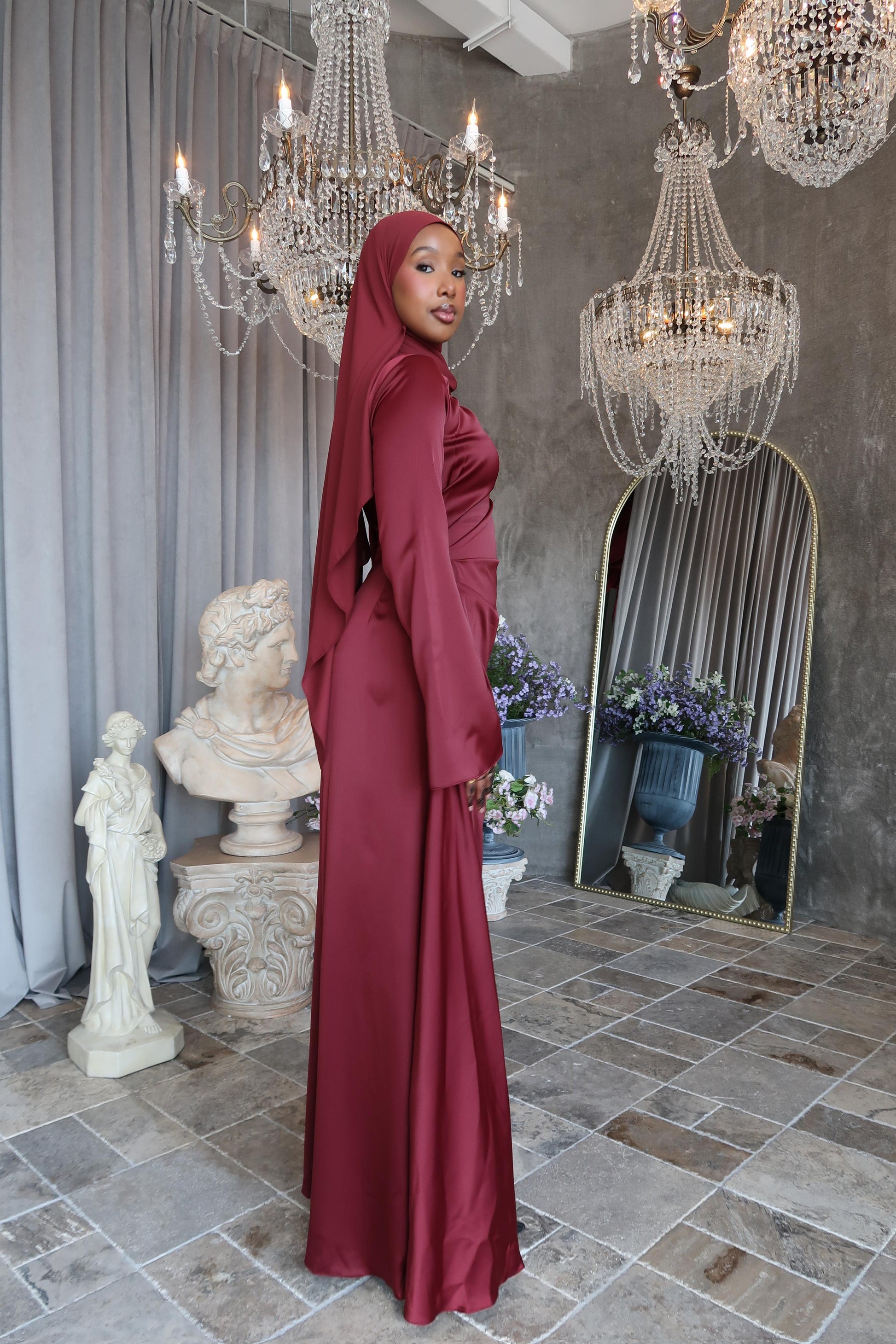 Maroon Satin Dress - Modest Evening Gown Aeko Collection Maroon Satin Dress - Modest Evening Gown Aeko Collection